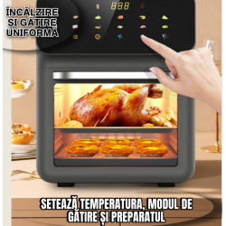 Cuptor Electric tip Airfryer™, Capacitate 8L, 1350W, Gatire pe 3 Nivele, 10 Programe, Multifunctional, Temperatura Ajustabila, Ecran cu Touch Screen, Manusa si 2 Tavi Incluse, Gri