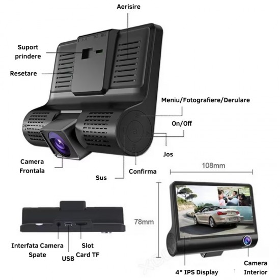 Camera auto tripla L300-1, Full-HD, 3 camere-fata/spate/interior, ecran 4'', G Senzor
