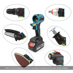 Trusa 6 in 1 cu acumulator, bormasina, cheie impact, minidrujba, fierastrau sabie, vibrator si slefuitor