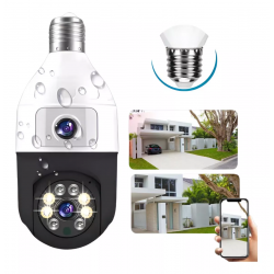 Camera Inteligenta De Supraveghere, cu 2 Lentile, Tip Bec, Senzor de Miscare, Conexiune Wifi, Aplicatie Telefon si Microfon Incorporat