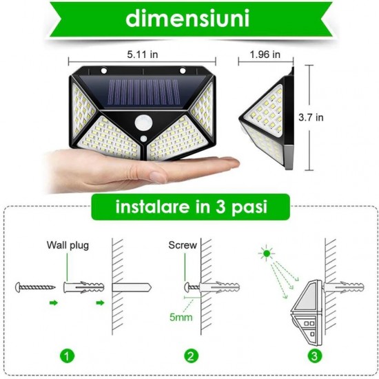 Set 4 x Lampa Solara de perete cu senzor de lumina si miscare 100 LED